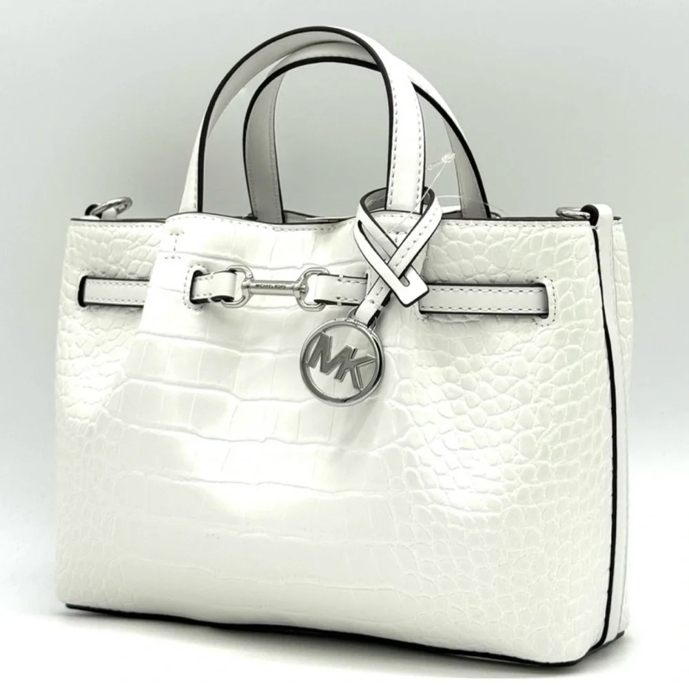 Michael Kors Carson Small Crocodile Embossed Satchel Bag Optic White